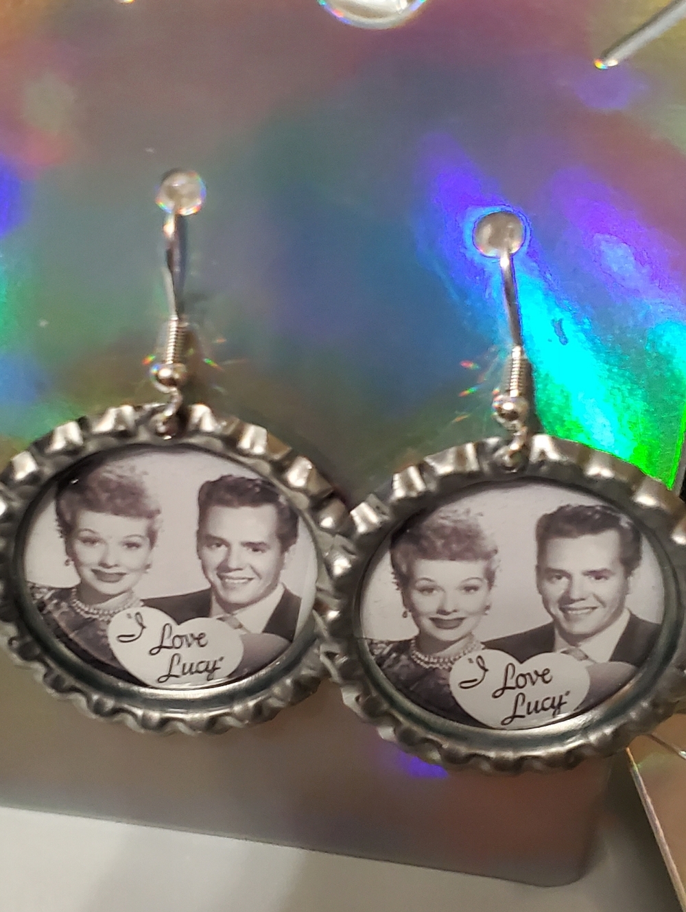 I Love Lucy Tv Show bottlecap earrings silver plated hooks  Look